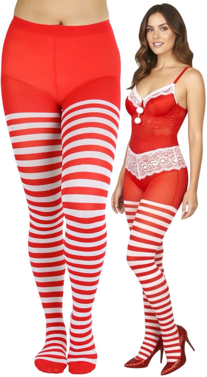 ToBeInStyle Women's Nylon Horizontal Striped Tights - White/Red - Plus - Image 1